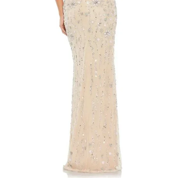 Mac Duggal Nude Sequin Beaded One-Shoulder Side Slit Gown